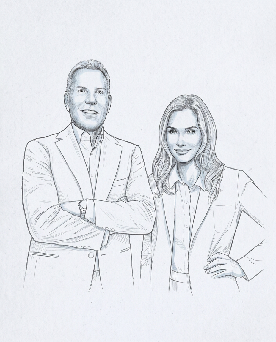 Editorial pencil sketch portrait of Ralph Winter and Celine Winter